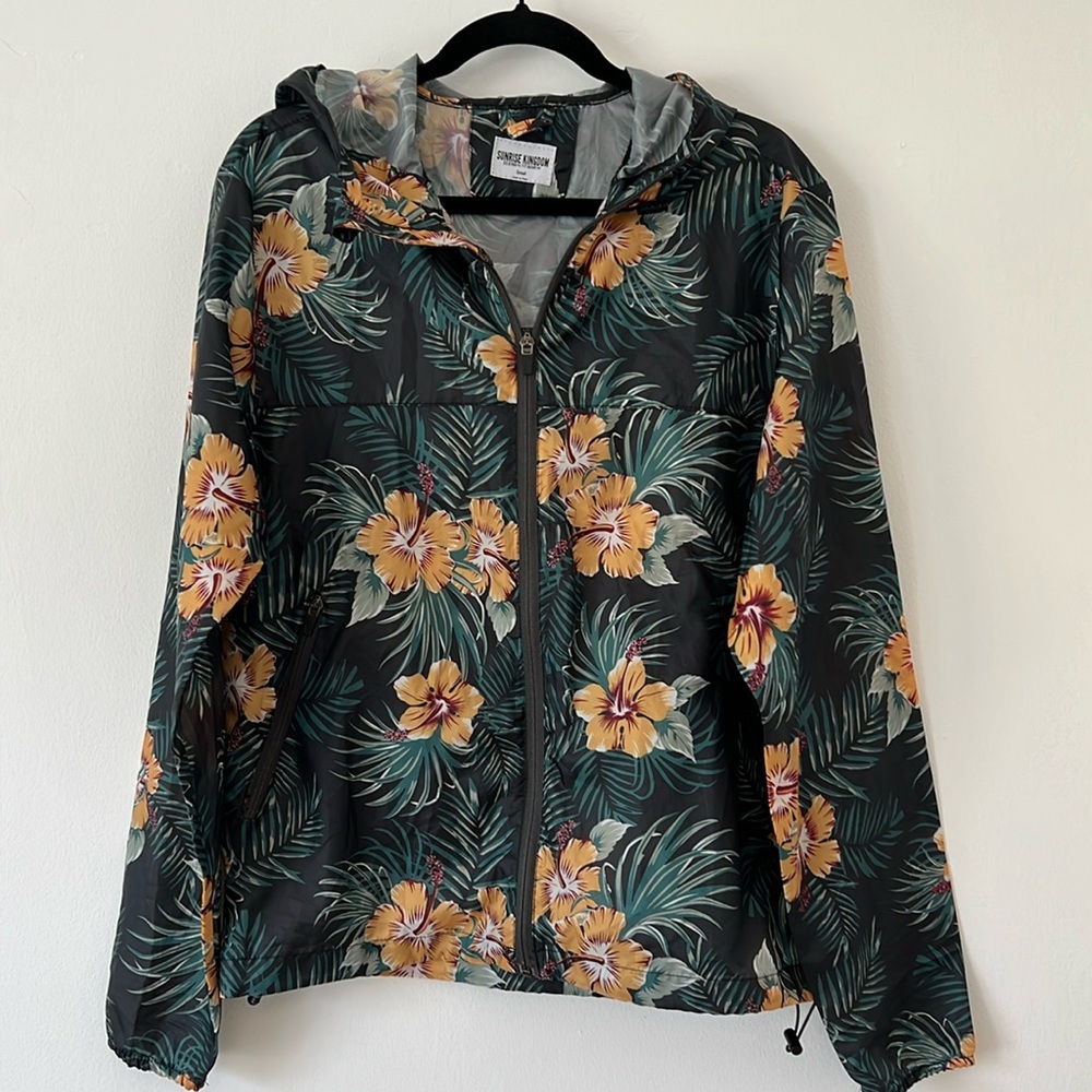 Sunrise Kingdom mens waterproof windbreaker with hood. Tropical Print